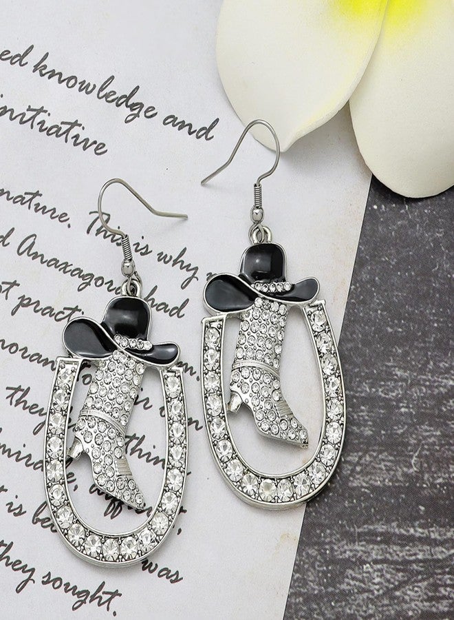 Fscwlmon Bling Cowgirl Boot Horseshoe Earrings for Women Cowgirl Cowboy Rhinestone Enamel Hat Western Dangle Earrings Rodeo Cowboy Accessory for Women Country Concert Outfits Jewelry Gift SH - Image 3